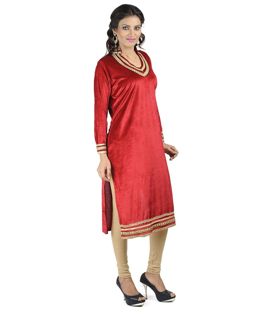 Akshiti Red Velvet Kurti With Lace - Buy Akshiti Red Velvet Kurti With ...