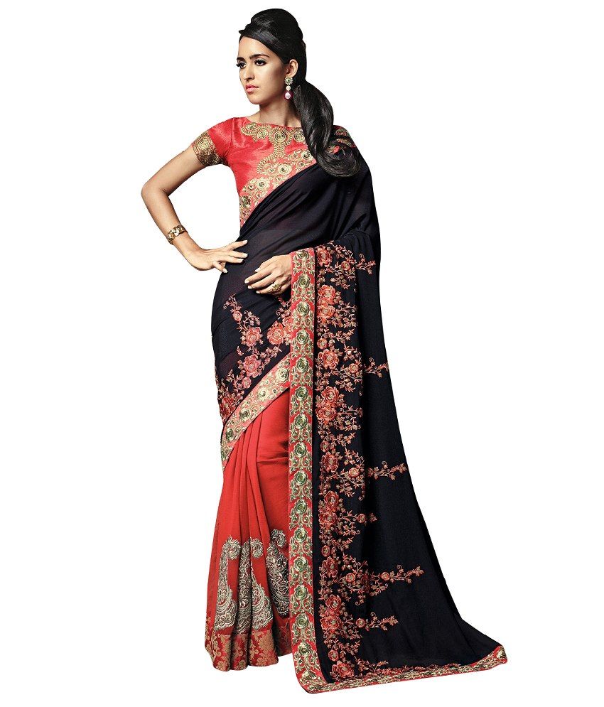 Dolly J By Vishal Red & Black Saree Buy Dolly J By Vishal Red & Black Saree Online at Low