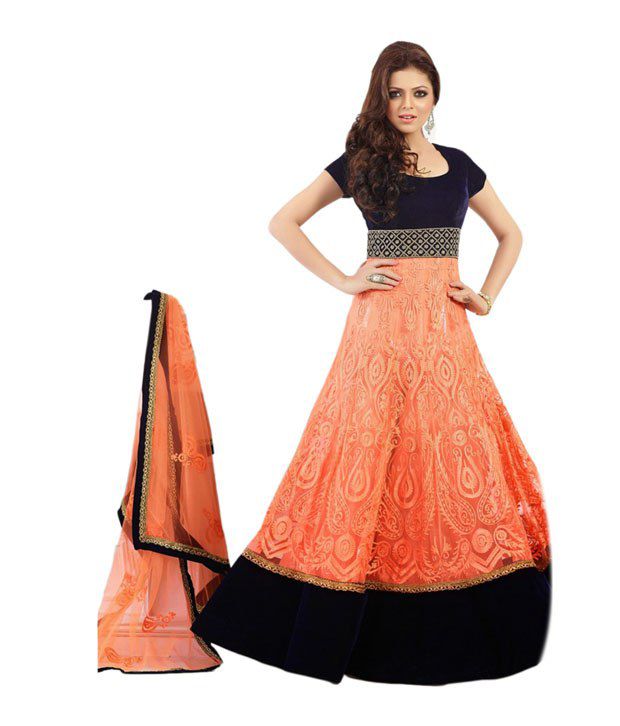     			Kashibacreation Creation Orange and Black Georgette A-line Unstitched Dress Material