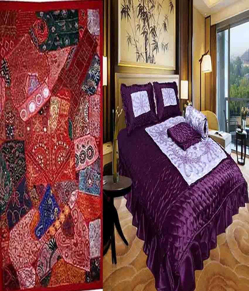 El Sandlo Satin Ethnic Double Wedding Bedroom Set With 1 Wall Hanging Combo Buy El Sandlo Satin Ethnic Double Wedding Bedroom Set With 1 Wall Hanging Combo Online At Low Price