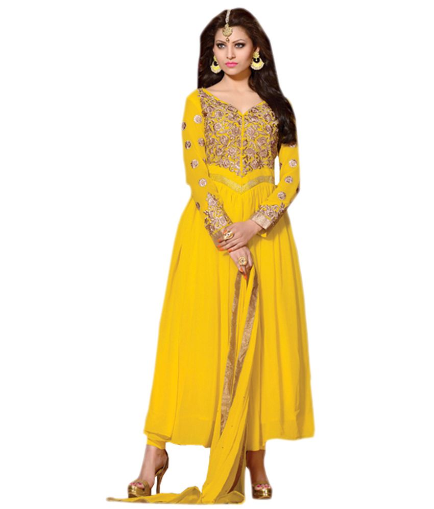 Misri Fab Yellow Embroidered Pure Georgette Anarkali Semi Stitched Suit ...