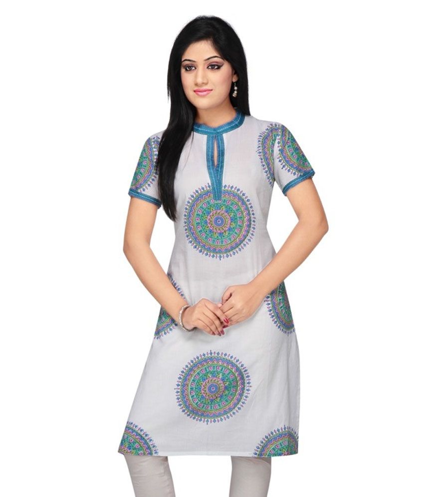Missprint White Cotton Printed Chinese Collar Kurti Buy Missprint White Cotton Printed Chinese