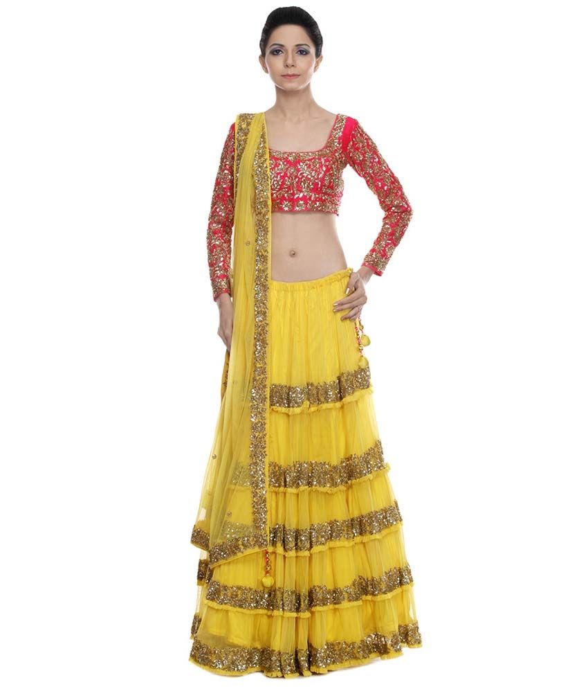 Zeeia Yellow And Magenta Sequined Net 