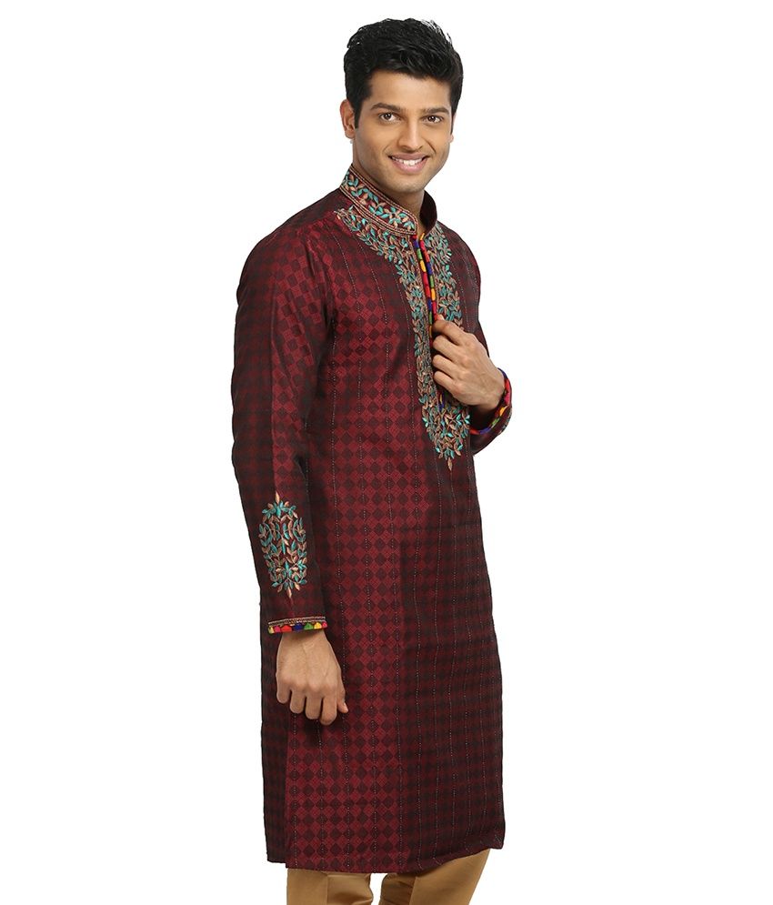 Runako Embroidery Maroon Kurta Pajama - Buy Runako Embroidery Maroon