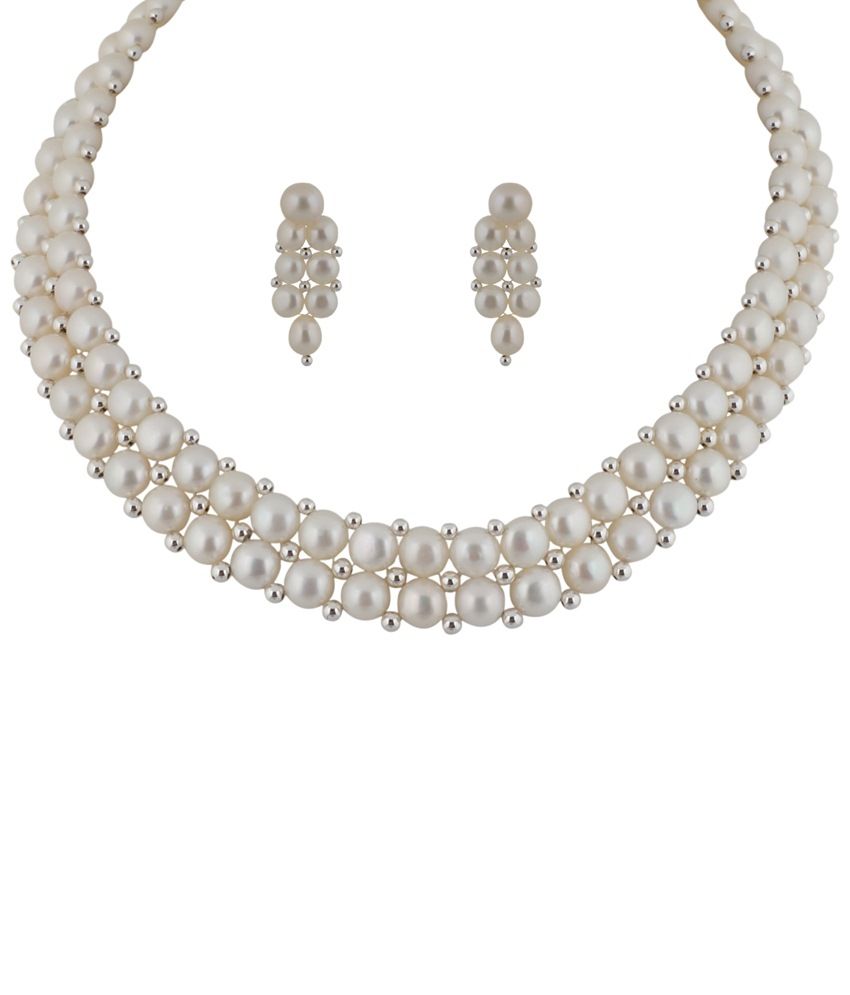 Classique Designer Jewellery Silver Toned Pearls Necklace Set Buy