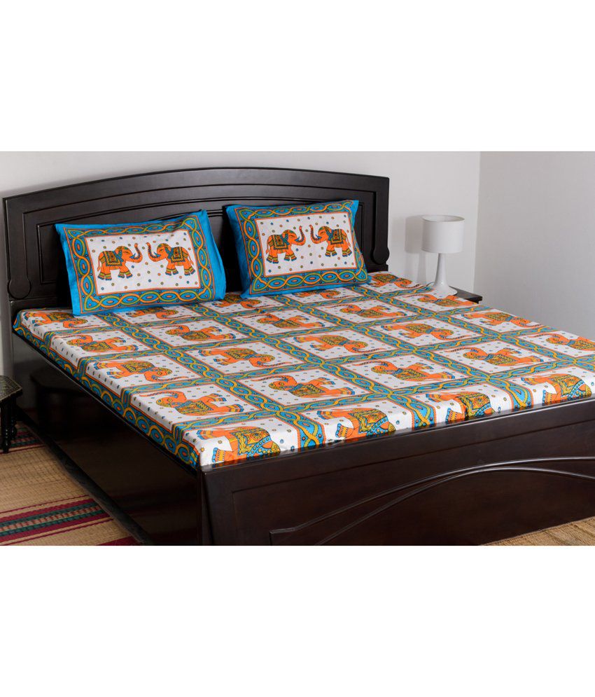 Vivid Rajasthan Multicolour Cotton Double Bedsheet with 2 Pillow Cover ...