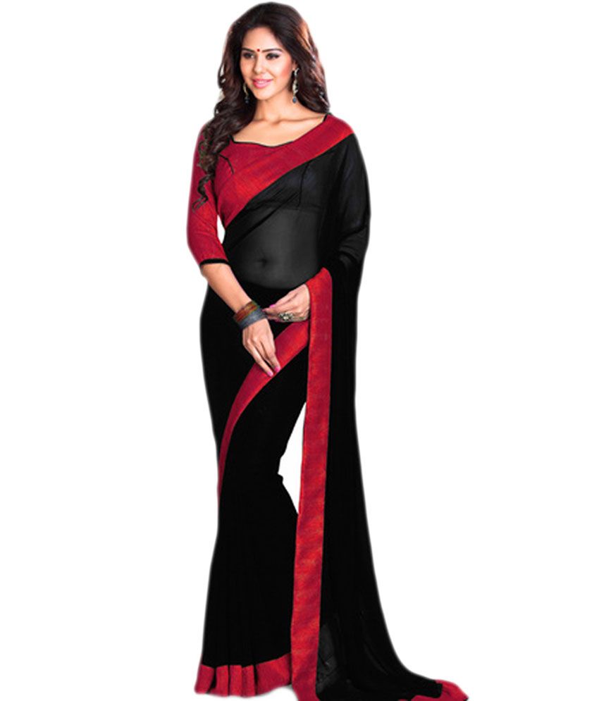 Mansvi Fashion Red And Black Red 60gram Chiffon Fancy Lace Border Saree