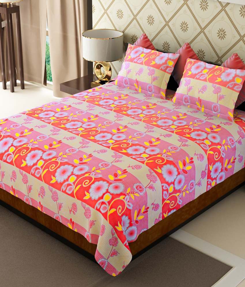 Amethyst Pink And Yellow Poly Cotton Double Bed Sheet With 2 Pillow Covers Buy Amethyst Pink