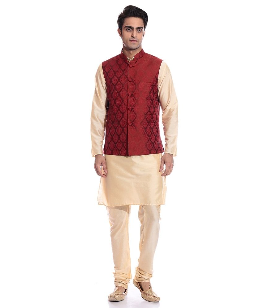 Golden Kurta Pyjama With Red Jacket 