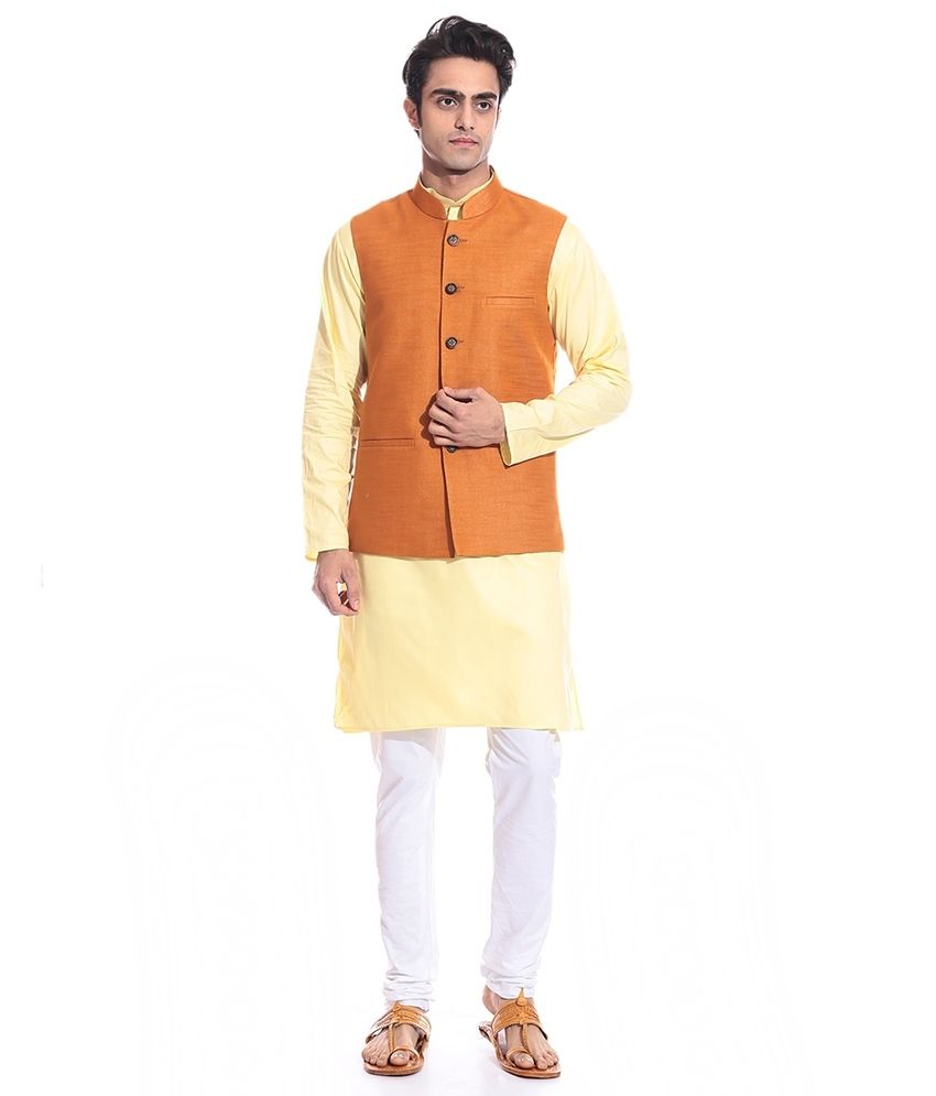 Yellow Kurta Pyjama With Rust Jacket 