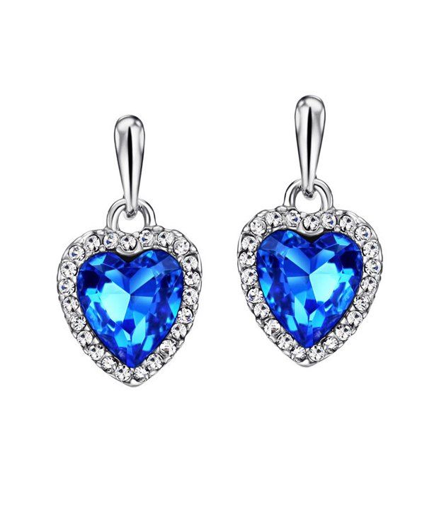 Swarovski Elements Blue Austria Crystal Rhinestone Platinum Plated Swarovski Elements Blue Austria Crystal Rhinestone Platinum Plated Heart Drop Earrings