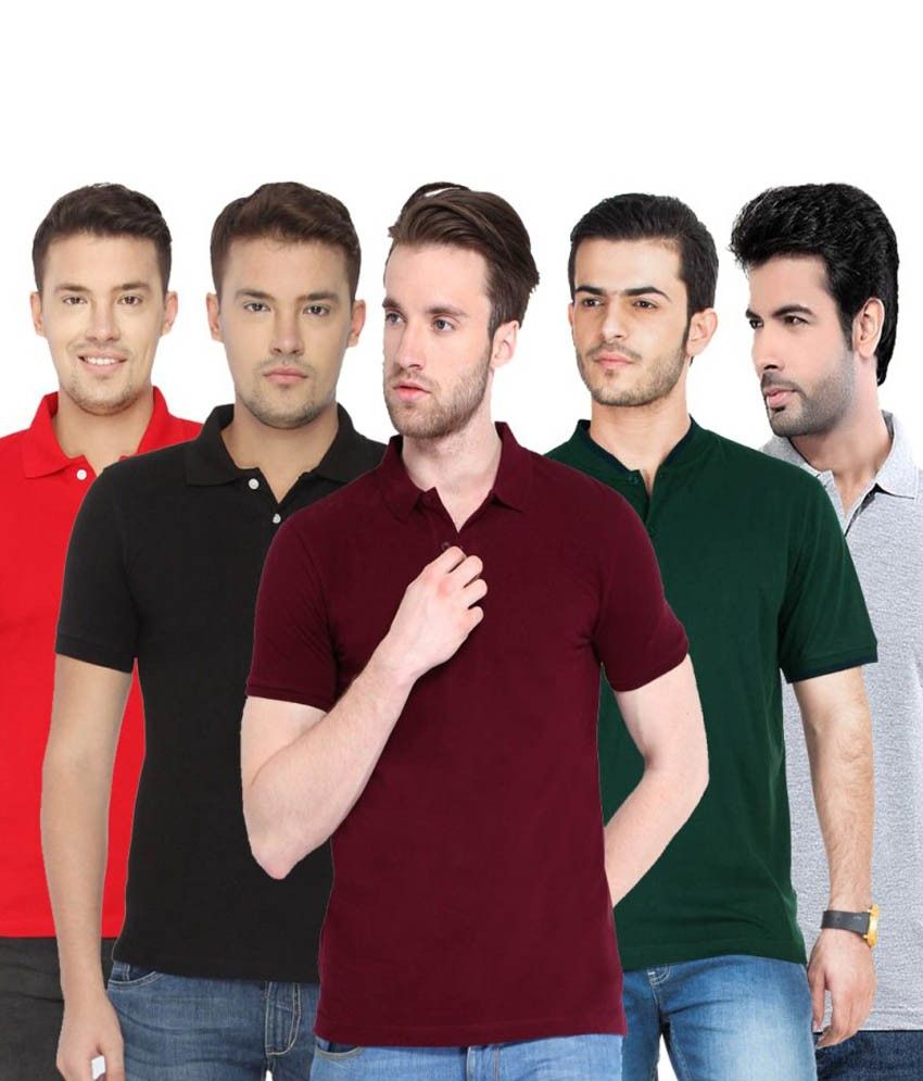     			Concepts Pack Of Black Red Bottle Green Maroon And Gray Polo T Shirts Pack of 5 T-shirts