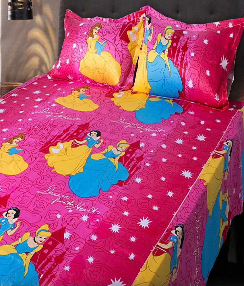 eCraftIndia Set of Chota Bheem and Beautiful Princess Kids Double Bedsheet with 2 Pillow Cover