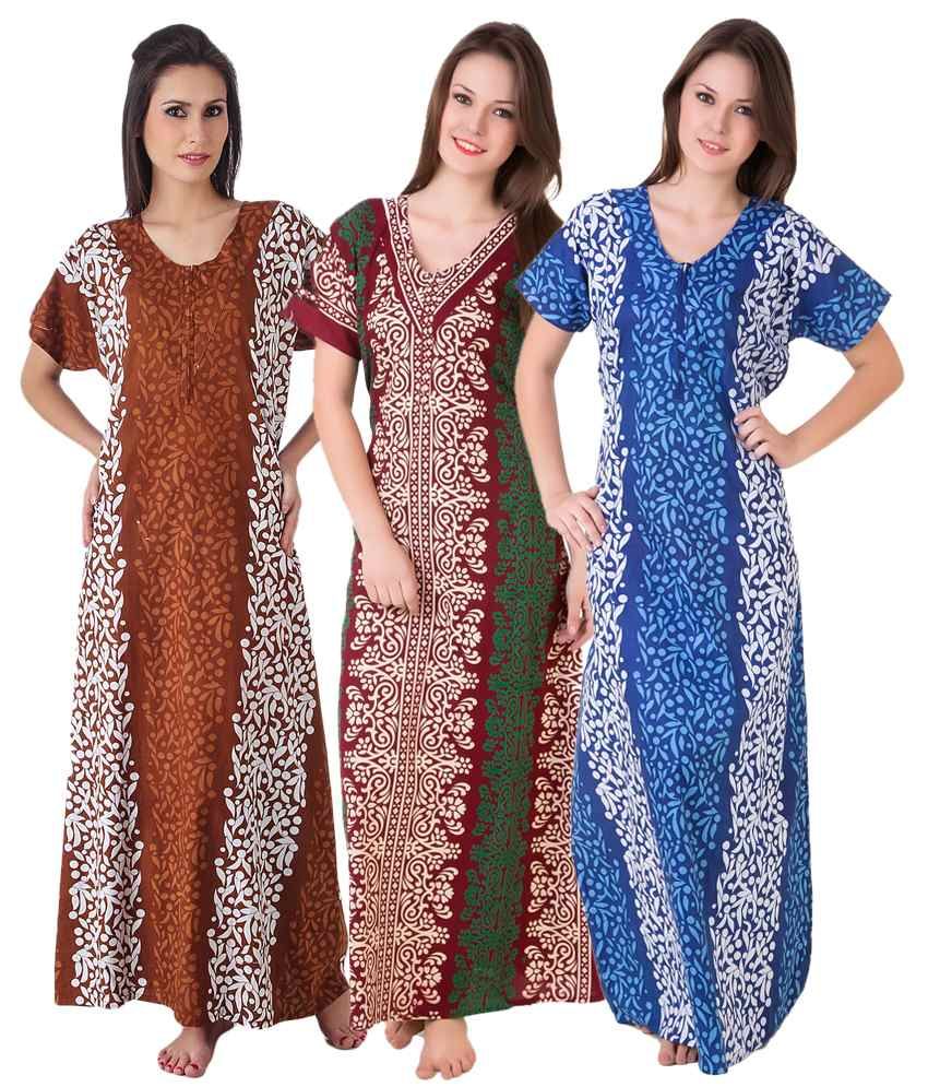 Buy Masha Multi Color Cotton Nighty & Night Gowns Pack of 3 Online at ...