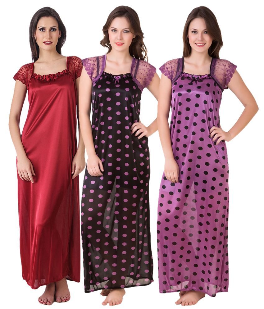 Buy Masha Multi Color Satin Nighty & Night Gowns Pack of 3 Online at