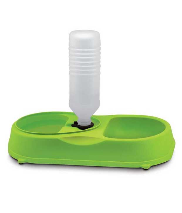 Four Paws Green Self Filling Water Dispenser W/Food Dish Bowl Feeder