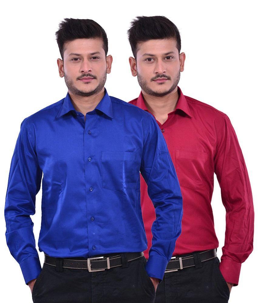 Dennison Maroon & Royal Blue Giza Cotton Men's Formal Shirts (Pack of 2