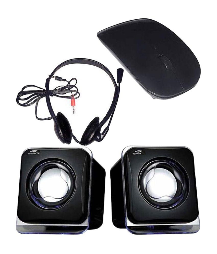     			Selfieseven 3 in 1 Combo of Black Wireless Sleek Mouse, Mini Desktop Speaker & Headphone With Mic