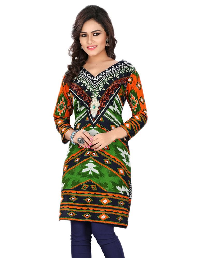 Lookslady Printed Green and Orange Cotton Kurti - Buy Lookslady Printed ...