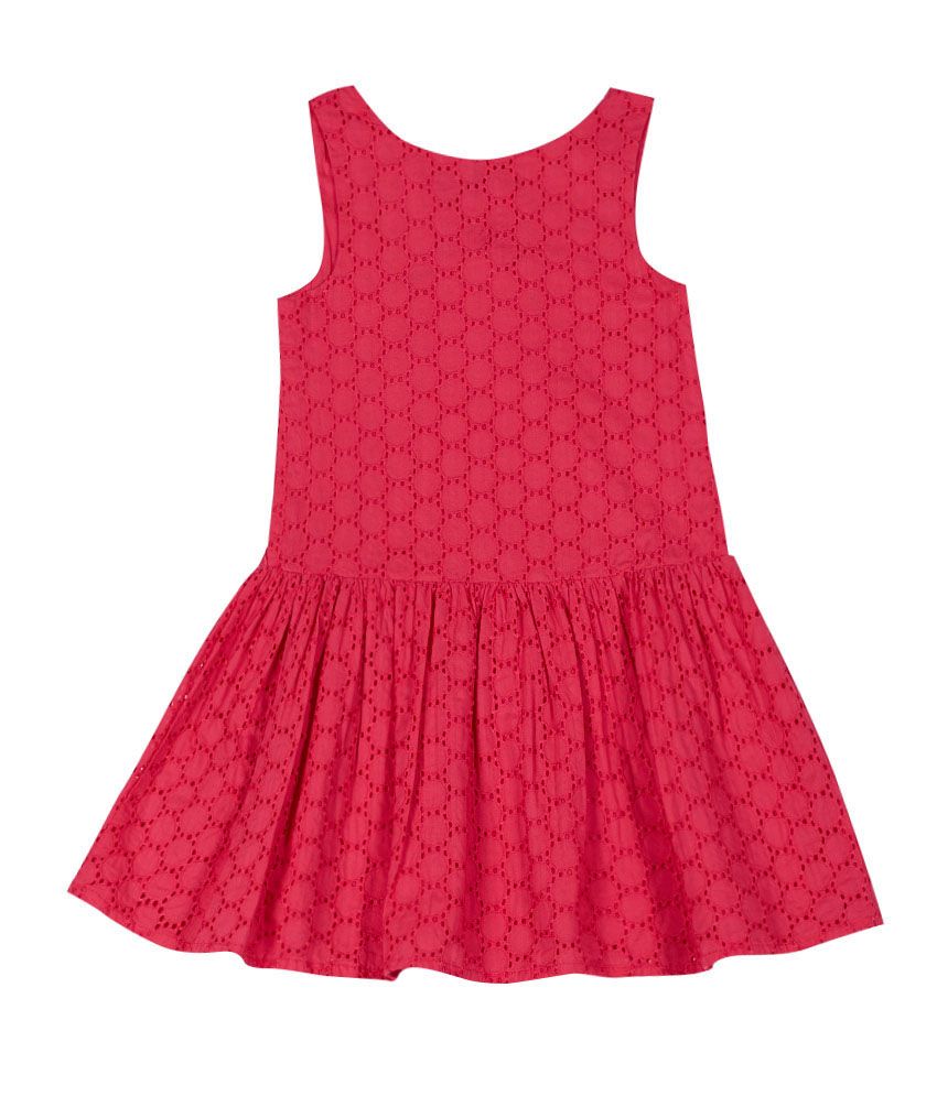 United Colors of Benetton Patterned Hot Pink Casual Overall Schiffli Cotton Dress In V Neck 