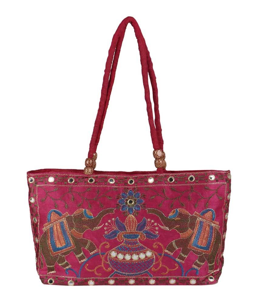 Buy Fashiondrobe Pink Kalash Pattern Embroidery Ethnic Sleek Handbag at ...