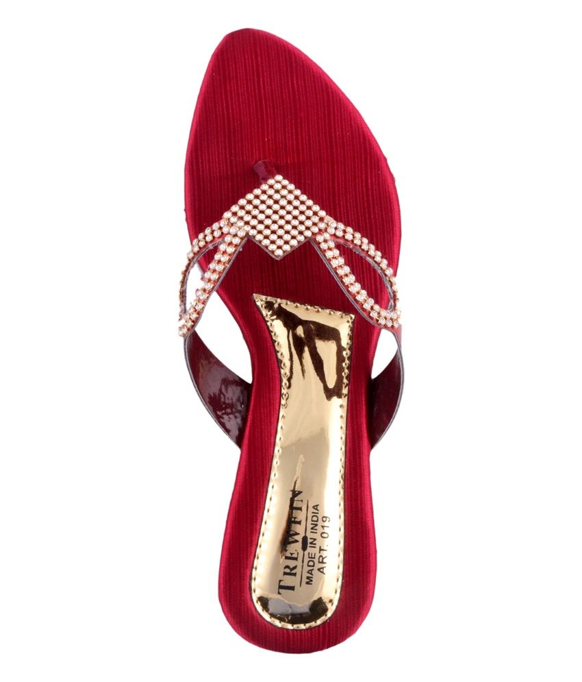 Trewfin Red Sequence Medium Heel Sandals Price in India- Buy Trewfin Red Sequence Medium Heel 