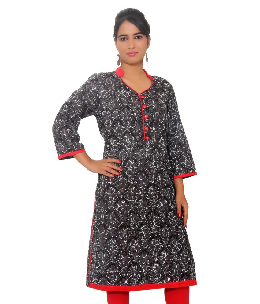 Swadesh Black Printed Chinese Collar Cotton Kurti - Buy Swadesh Black ...