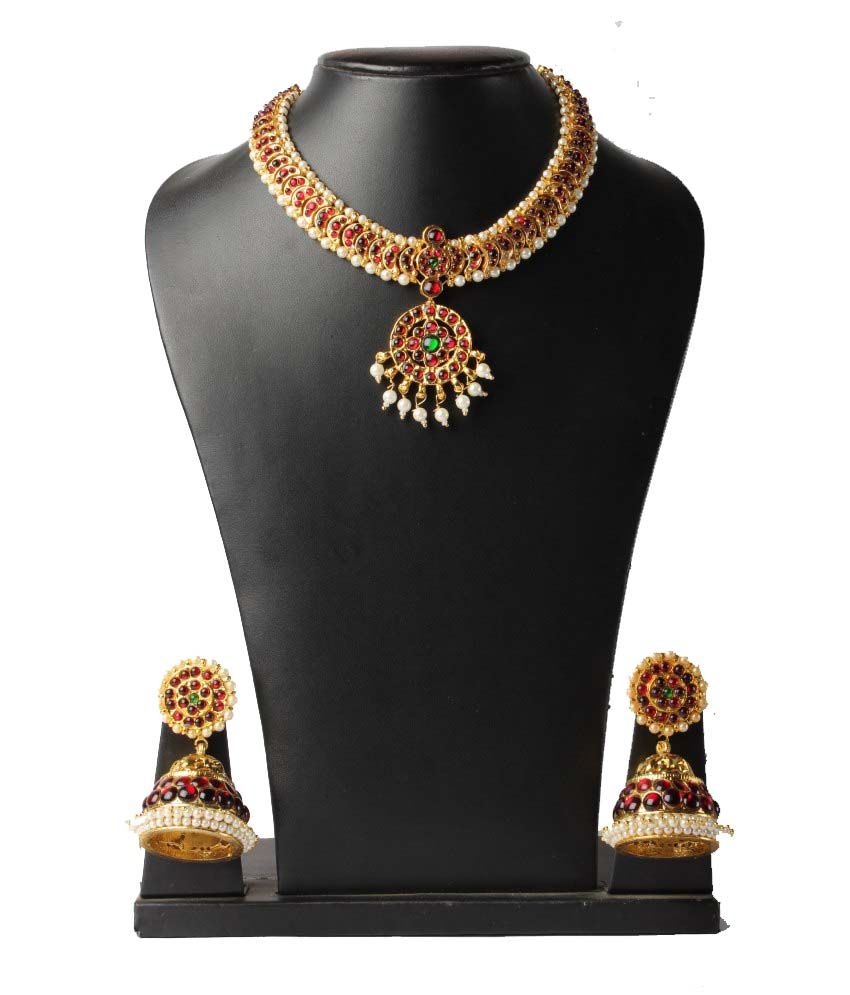 Vijaya Stores Asv Necklace And Earring With Pearl, Red And Green ...