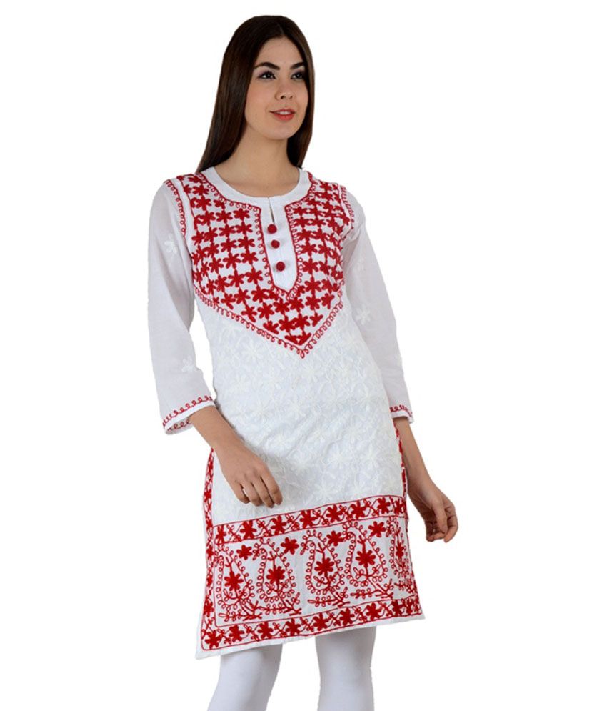 Nazaqat White Cotton Full Sleeves Round Neck Woven Kurti Buy Nazaqat