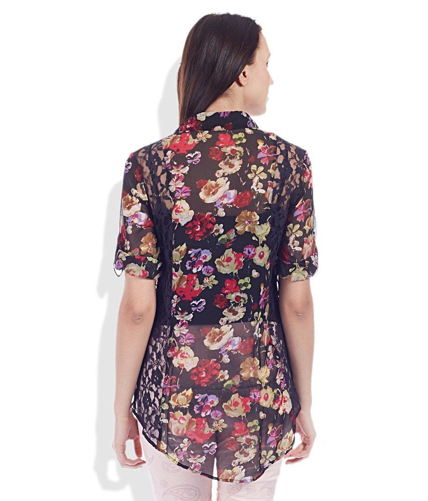 Wills Lifestyle Black Poly Georgette Regular Collar Top ...