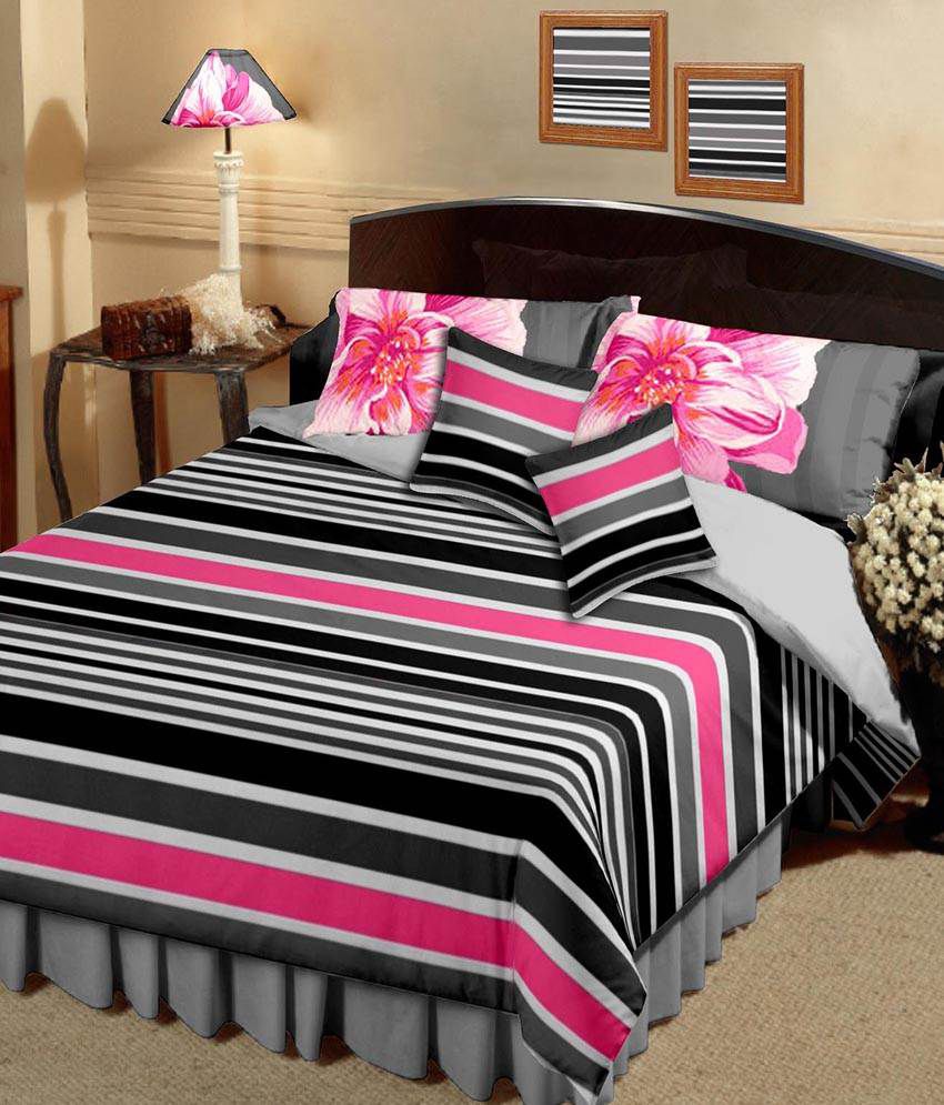 Raymond Home Black Stripes Cotton Double Bed Sheet with 2 Pillow Covers ...