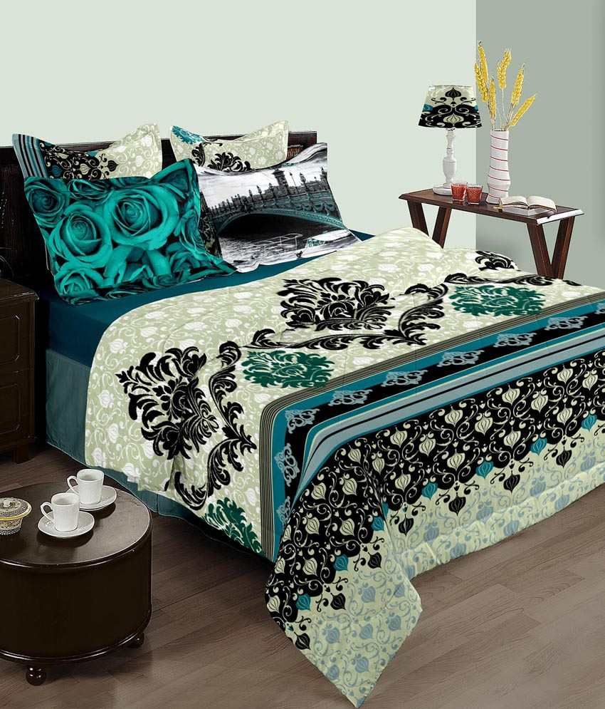 Raymond Home Blue Ethnic Cotton Double Bed Sheet with 4 Pillow Covers