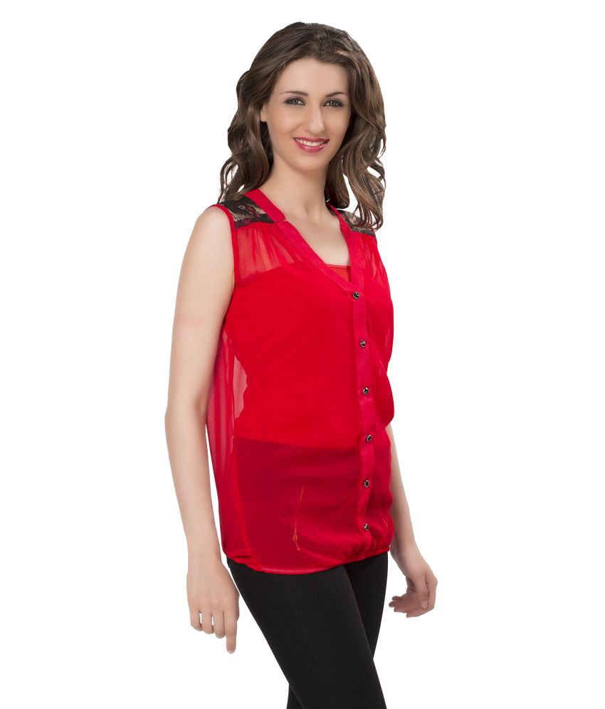 Ishin Casual Sleeveless Solid Women's Georgette Red Western Top - Buy ...