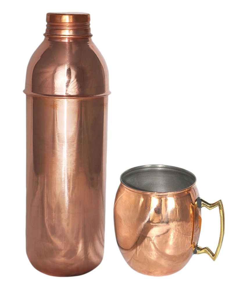 Prisha India Craft Pure Copper Thermos Bottle With 1 Copper Moscow Mule Mug Sets Dutch Style 8560