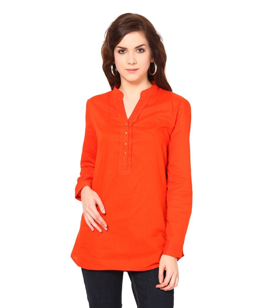 Harpa Orange Cotton Chinese Collar Full Sleeve Tops - Buy Harpa Orange Cotton Chinese Collar 