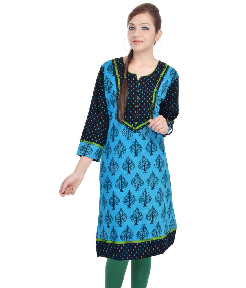 Shop Rajasthan Cotton Light Blue Self Design Printed Women Kurti - Buy ...
