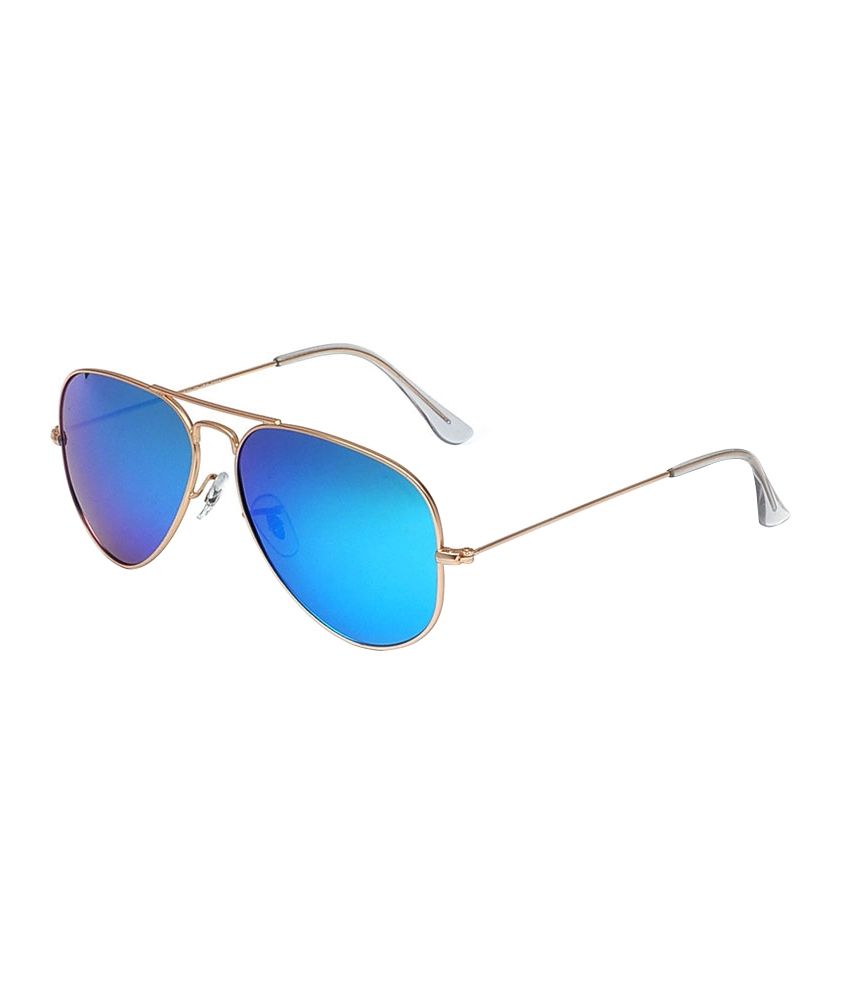 Hawai Sky Blue Mirror Lens with Golden Frame Aviator Sunglasses - Buy