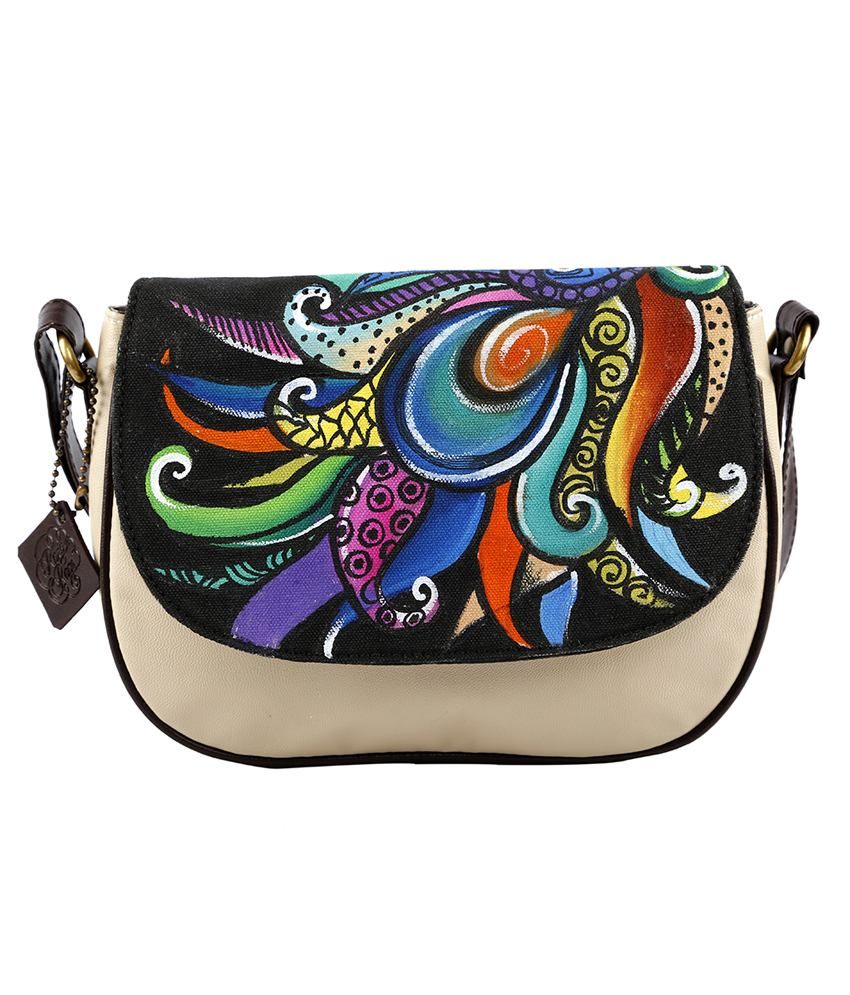 Rang Rage Beige Hand Painted Canvas Cloth Sling Bag Buy Rang