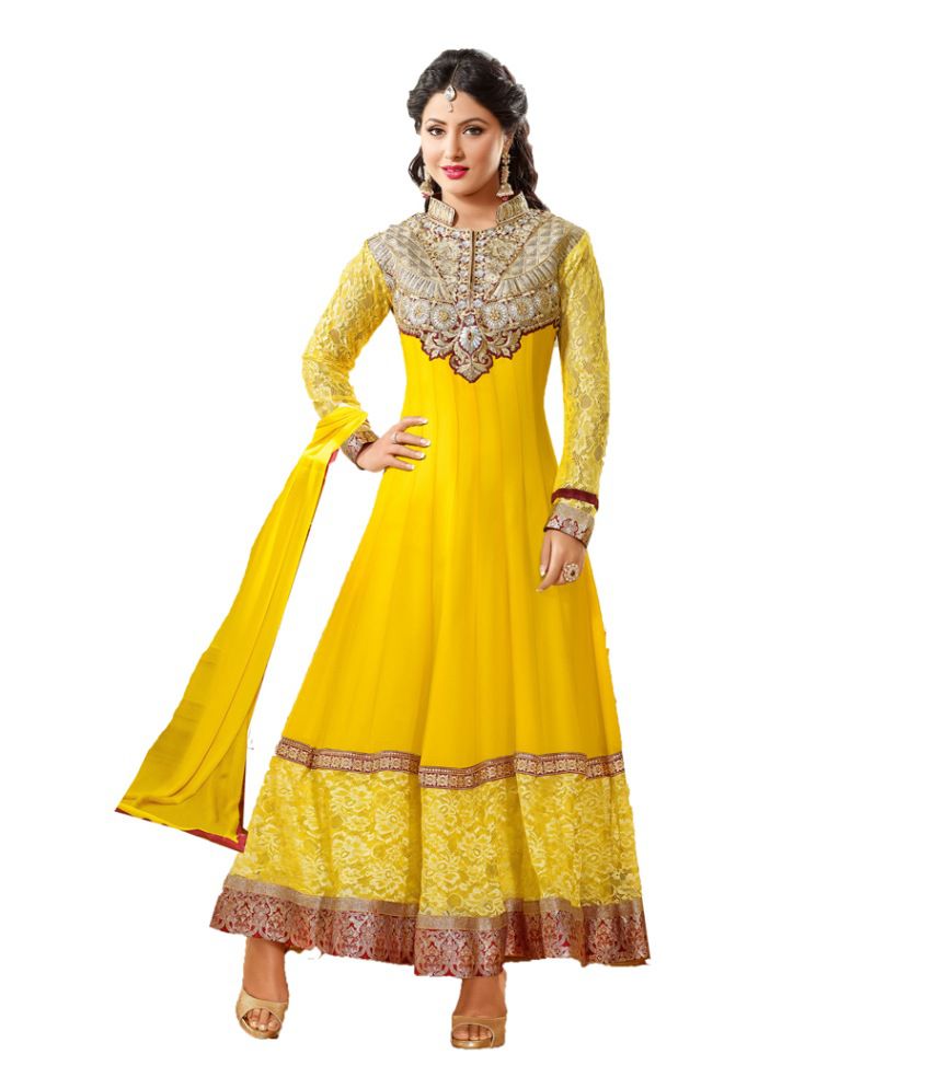 Mf Retail Yellow Faux Georgette Embroidered Semi Stitched Suit Salwar ...