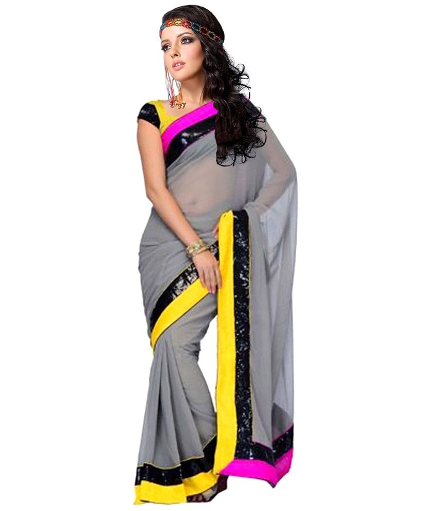     			Designer World Grey and Black Chiffon Saree