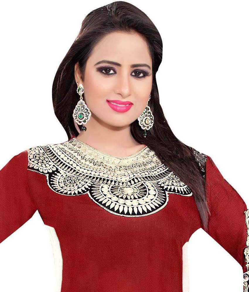Heena Fashion Red Embroidered Unstitched Cotton Dress Material - Buy ...