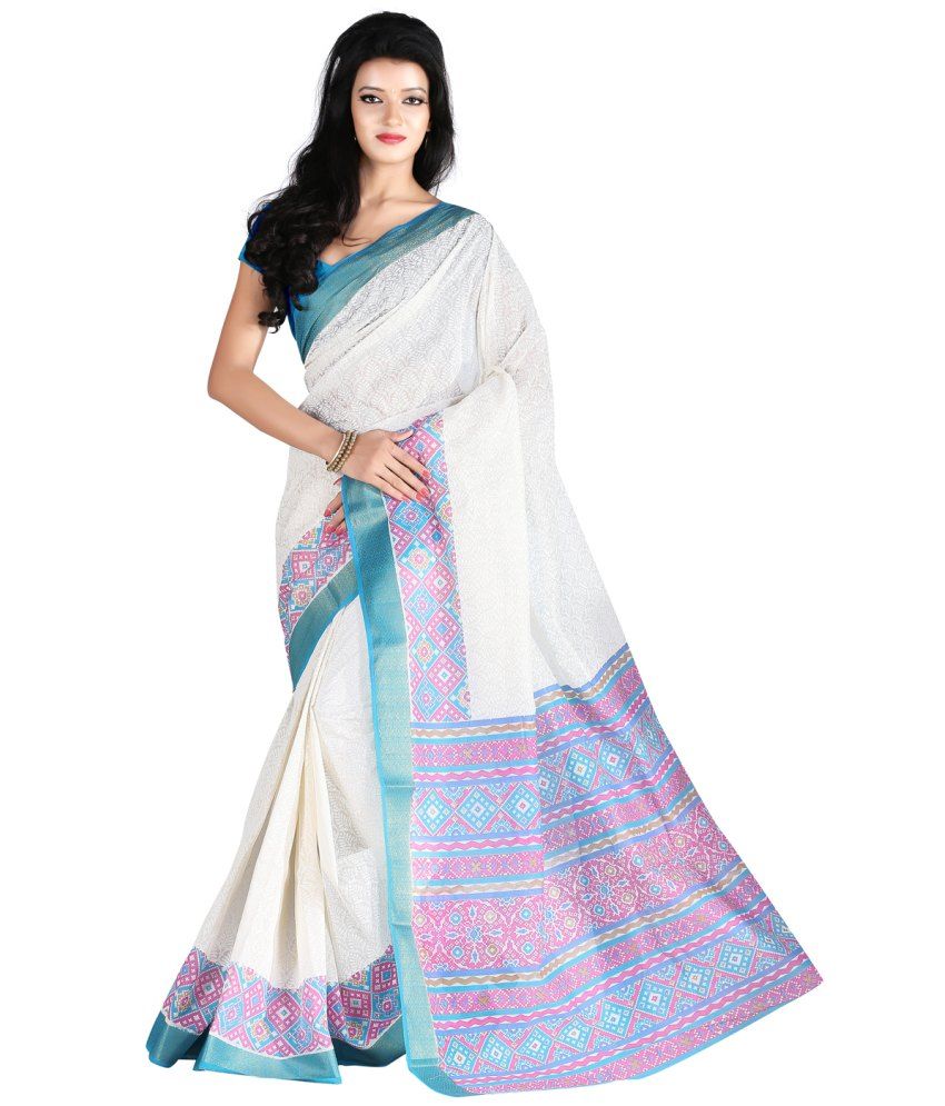 Roopkala Silks And Sarees White Cotton Silk Gadwal Saree With Blouse