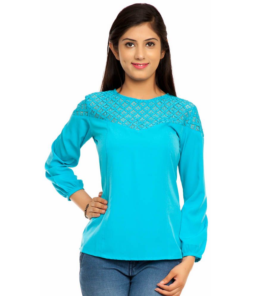 Femninora Blue Lace Polyester Full Sleeves Round Neck Casual Top - Buy Femninora Blue Lace 
