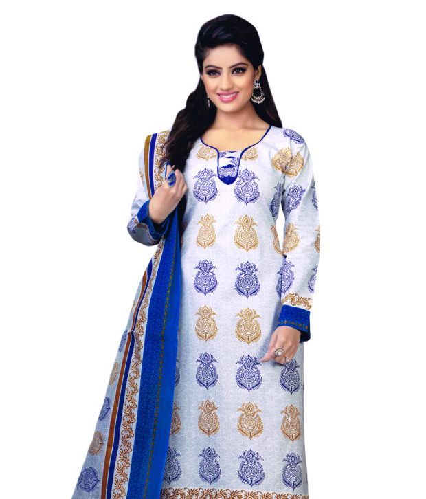 Shree Ganesh White and Blue Cotton Printed Dress Material - Buy Shree Ganesh White and Blue 