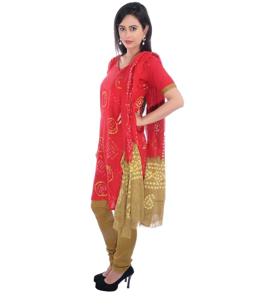 Grafion Red Printed Bandhani Cotton Dress Material - Buy Grafion Red Printed Bandhani Cotton 