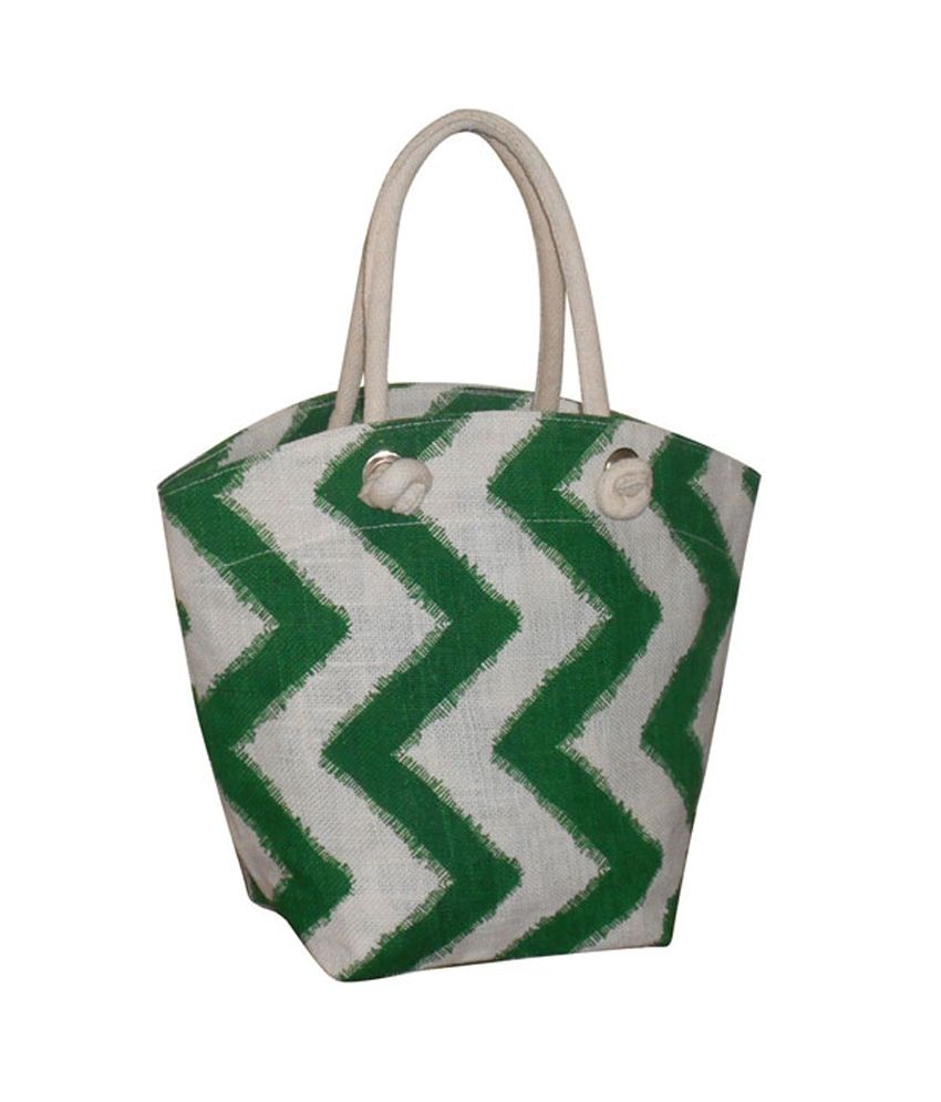 Buy EARTHBAGS Boat Shape Jute Bag with Green Zigzag Print at Best