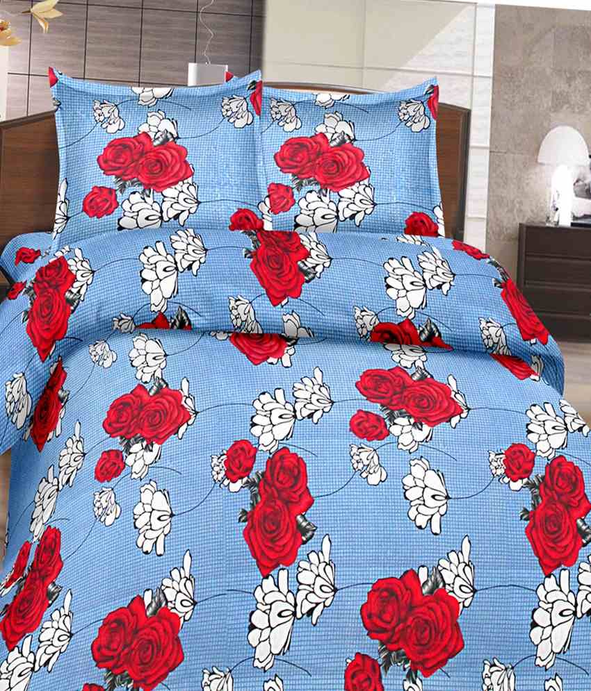 Goodwill Blue & Red Double Bed Sheet With 2 Pillow Covers