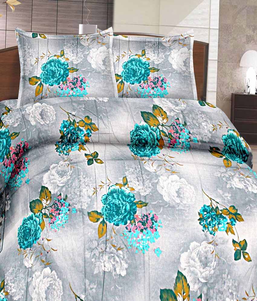 Goodwill Gray & Blue Floral Double Bed Sheet With 2 Pillow