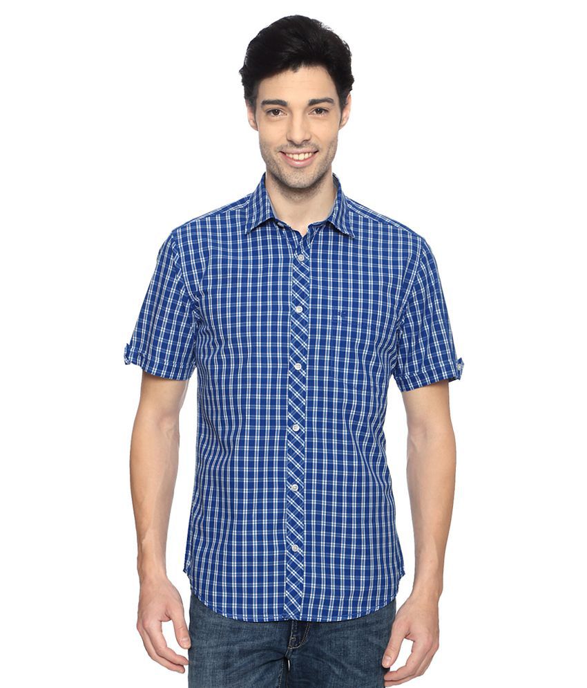 Peter England Blue Cotton Check Slim Fit Half Sleeves Shirts - Buy ...