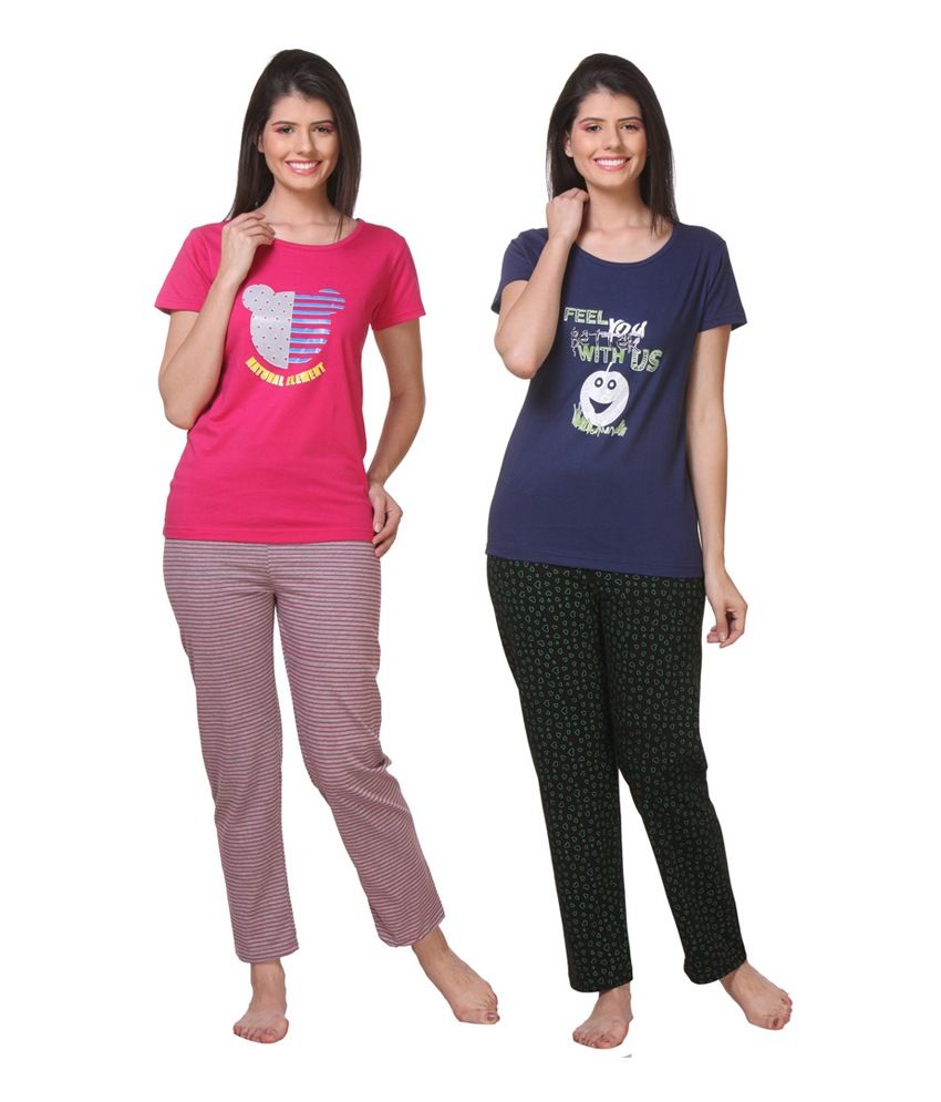     			Wako Pink And Navy Cotton Nightsuit Sets